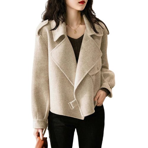 Elegant Khaki Woolen Belted Bomber Jacket for Women