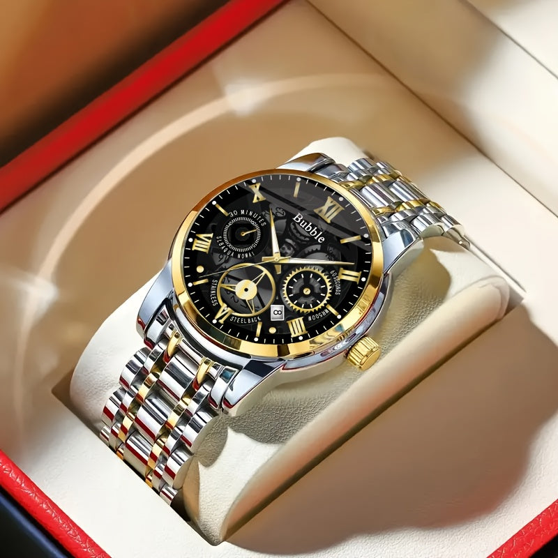 Men's Skeleton Watch with Calendar - Business Fashion, Quartz Movement, Alloy Band