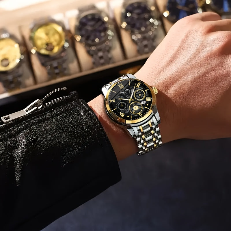 Men's Skeleton Watch with Calendar - Business Fashion, Quartz Movement, Alloy Band