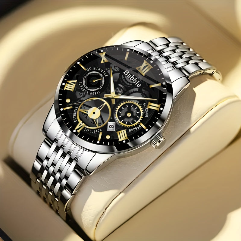 Men's Skeleton Watch with Calendar - Business Fashion, Quartz Movement, Alloy Band