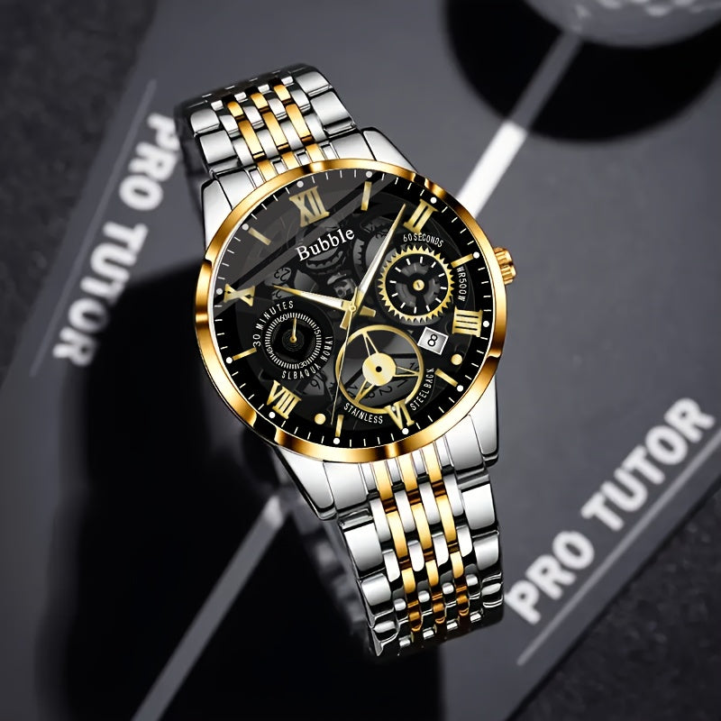 Men's Skeleton Watch with Calendar - Business Fashion, Quartz Movement, Alloy Band