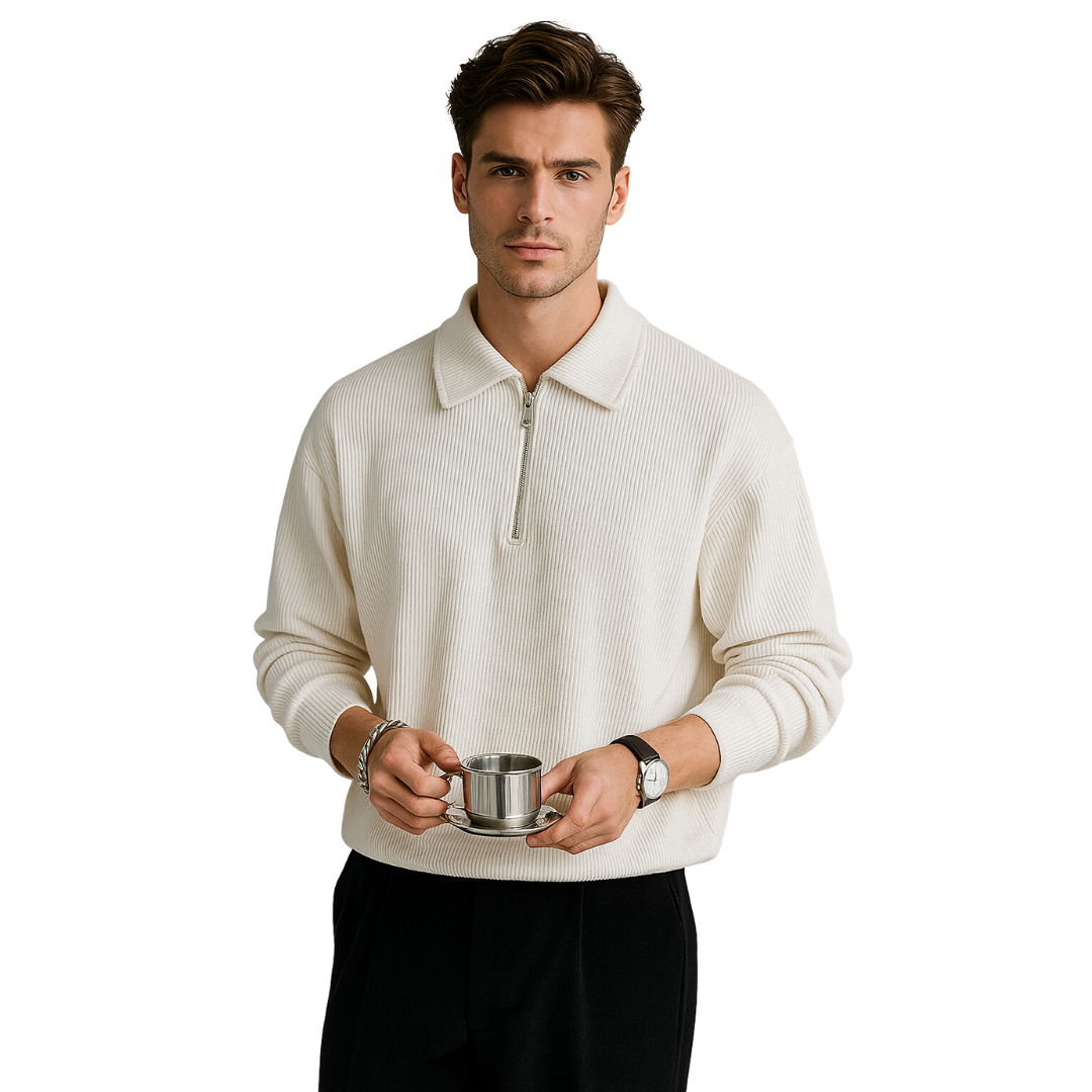 Men's Elegant Half Zip Polo Sweatshirt - Striped Sophistication
