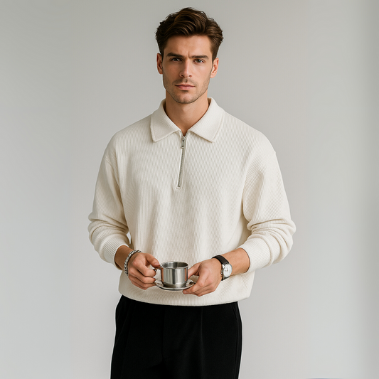 Men's Elegant Half Zip Polo Sweatshirt - Striped Sophistication
