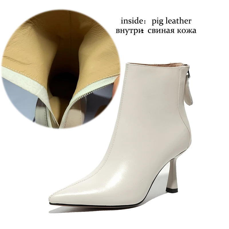 Krazing Pot Big Size 42 Cow Leather Pointed Toe High Heels Chic Design Concise Winter Spring Shoe Dress Warm Wedding Ankle Boots
