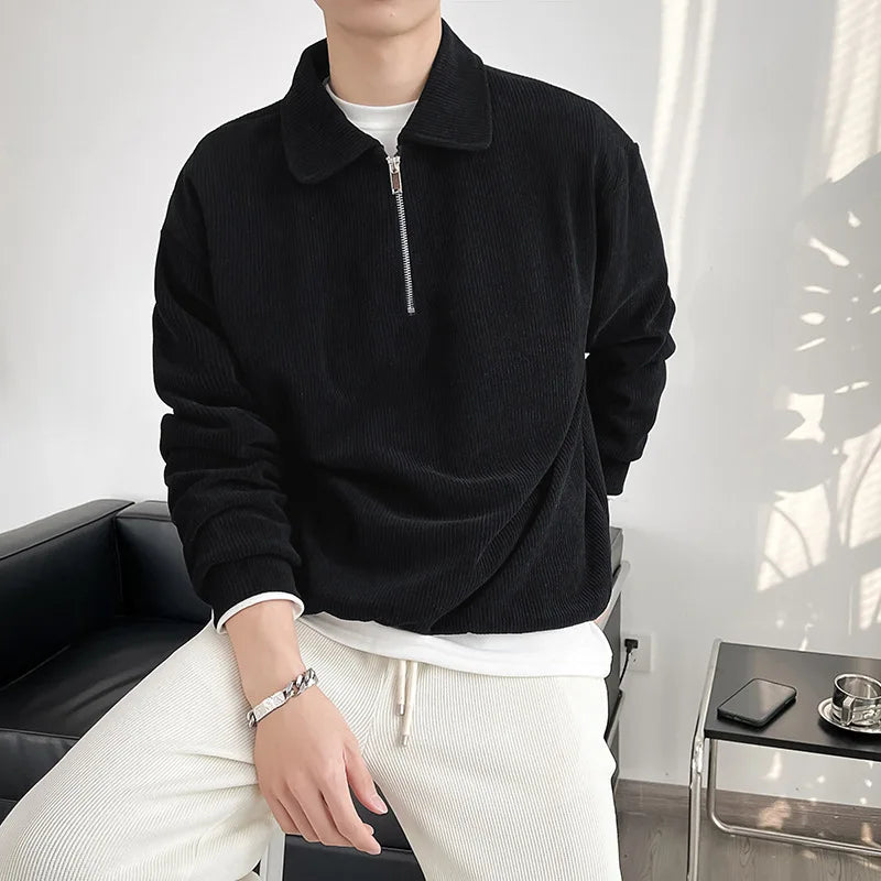 Half Zip Polo Shirt Sweatshirt Men's Autumn Trendy Brand Light Mature Style Youth Lapel Striped Thin Jacket