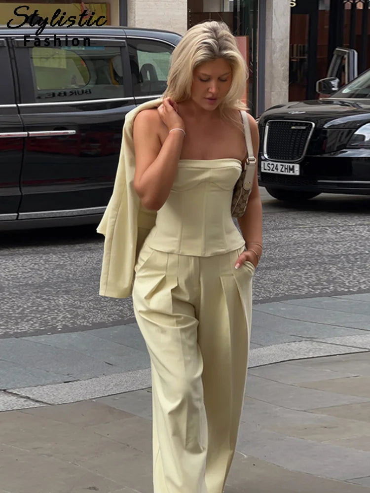 Elegant Solid Set Woman 3 Pieces O-neck Button Blazer Tube Tie Top Wide Leg Trousers 2025 Spring Summer Chic Lady Outfit