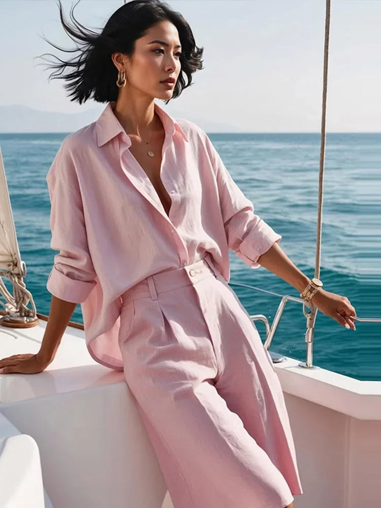 Fashion Women's Shirt Shorts Suits Long Sleeve Turn-Down Collar Button Short Pants Solid Lady Sets 2025 Summer Women Outfit
