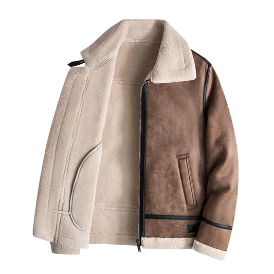 Men's Fleece Leather Motorcycle Short Jacket Imitation Fur Coat High Quality High Appearance Level Fur Integrated Flight Suit