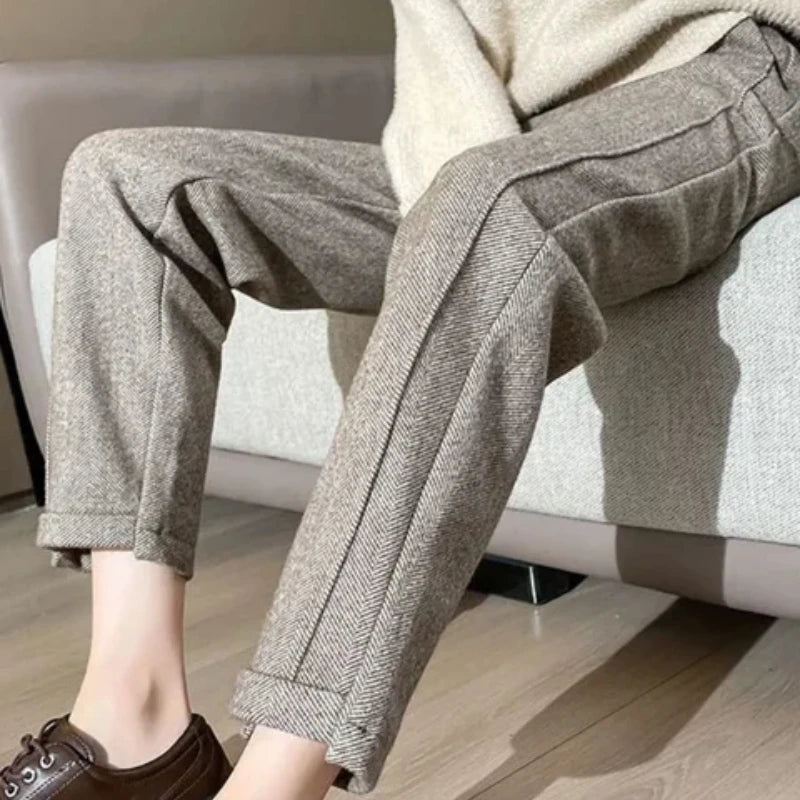 High-waisted Tweed Straight Pants 2025 Autumn/Winter New Women' S Pants Loose Casual Herringbone Warm Thickened Cropped Pants