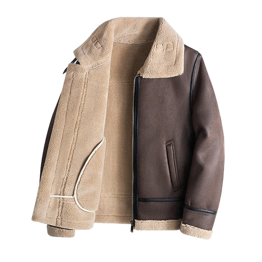 Men's Fleece Leather Motorcycle Short Jacket Imitation Fur Coat High Quality High Appearance Level Fur Integrated Flight Suit