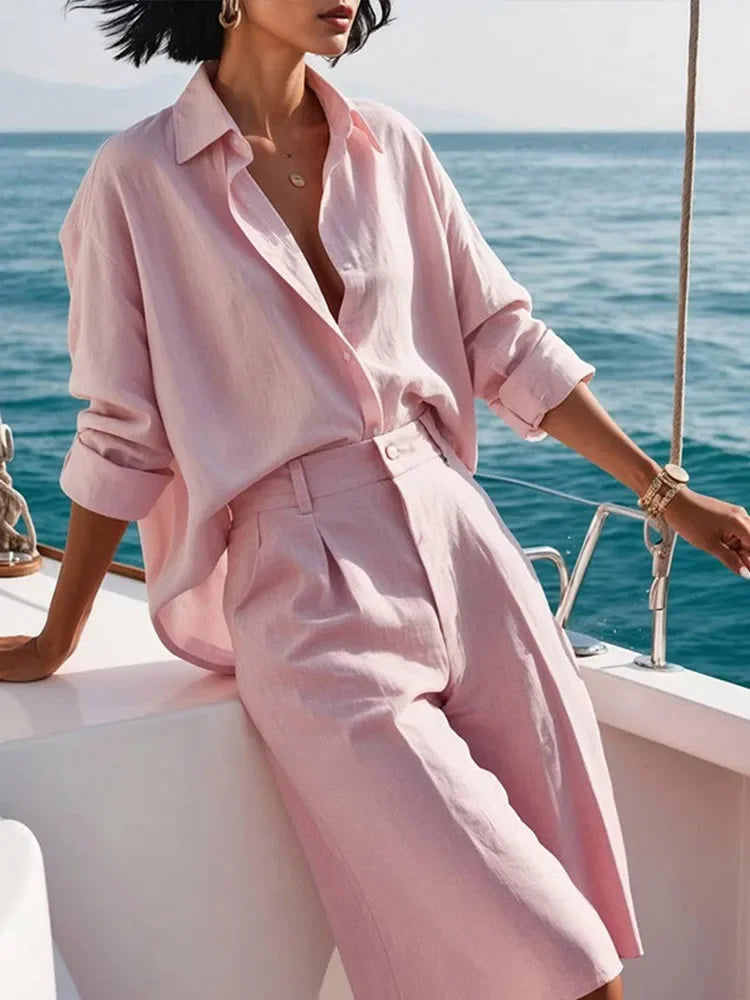 Fashion Women's Shirt Shorts Suits Long Sleeve Turn-Down Collar Button Short Pants Solid Lady Sets 2025 Summer Women Outfit