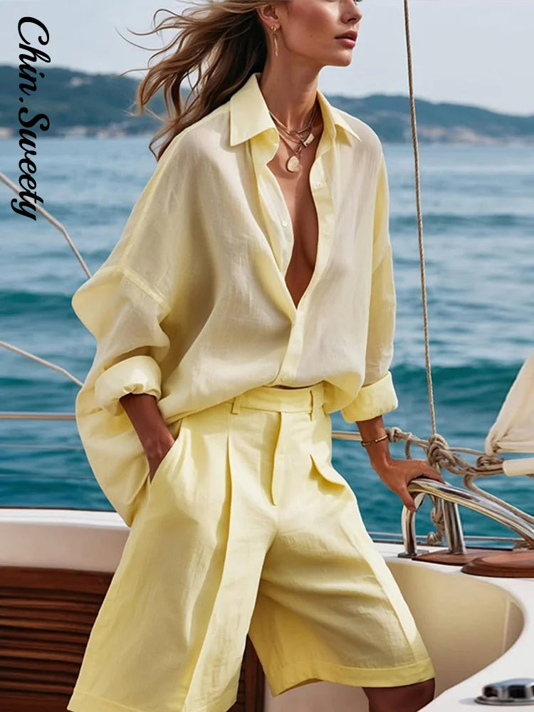 Fashion Women's Shirt Shorts Suits Long Sleeve Turn-Down Collar Button Short Pants Solid Lady Sets 2025 Summer Women Outfit