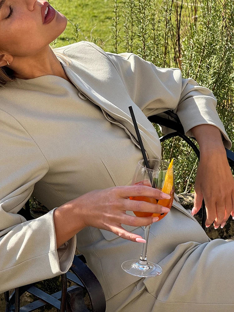 Elegant Solid Set Woman 3 Pieces O-neck Button Blazer Tube Tie Top Wide Leg Trousers 2025 Spring Summer Chic Lady Outfit