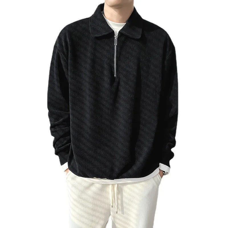 Half Zip Polo Shirt Sweatshirt Men's Autumn Trendy Brand Light Mature Style Youth Lapel Striped Thin Jacket
