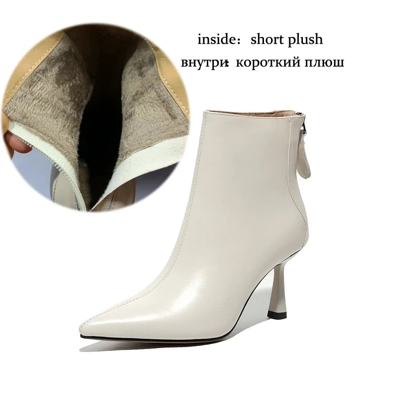 Krazing Pot Big Size 42 Cow Leather Pointed Toe High Heels Chic Design Concise Winter Spring Shoe Dress Warm Wedding Ankle Boots