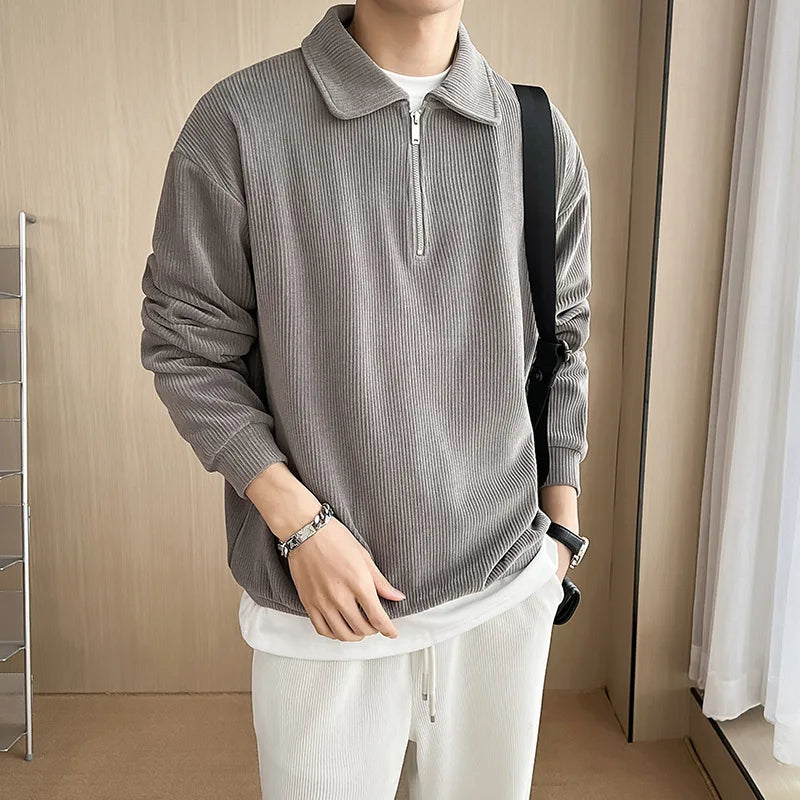 Half Zip Polo Shirt Sweatshirt Men's Autumn Trendy Brand Light Mature Style Youth Lapel Striped Thin Jacket
