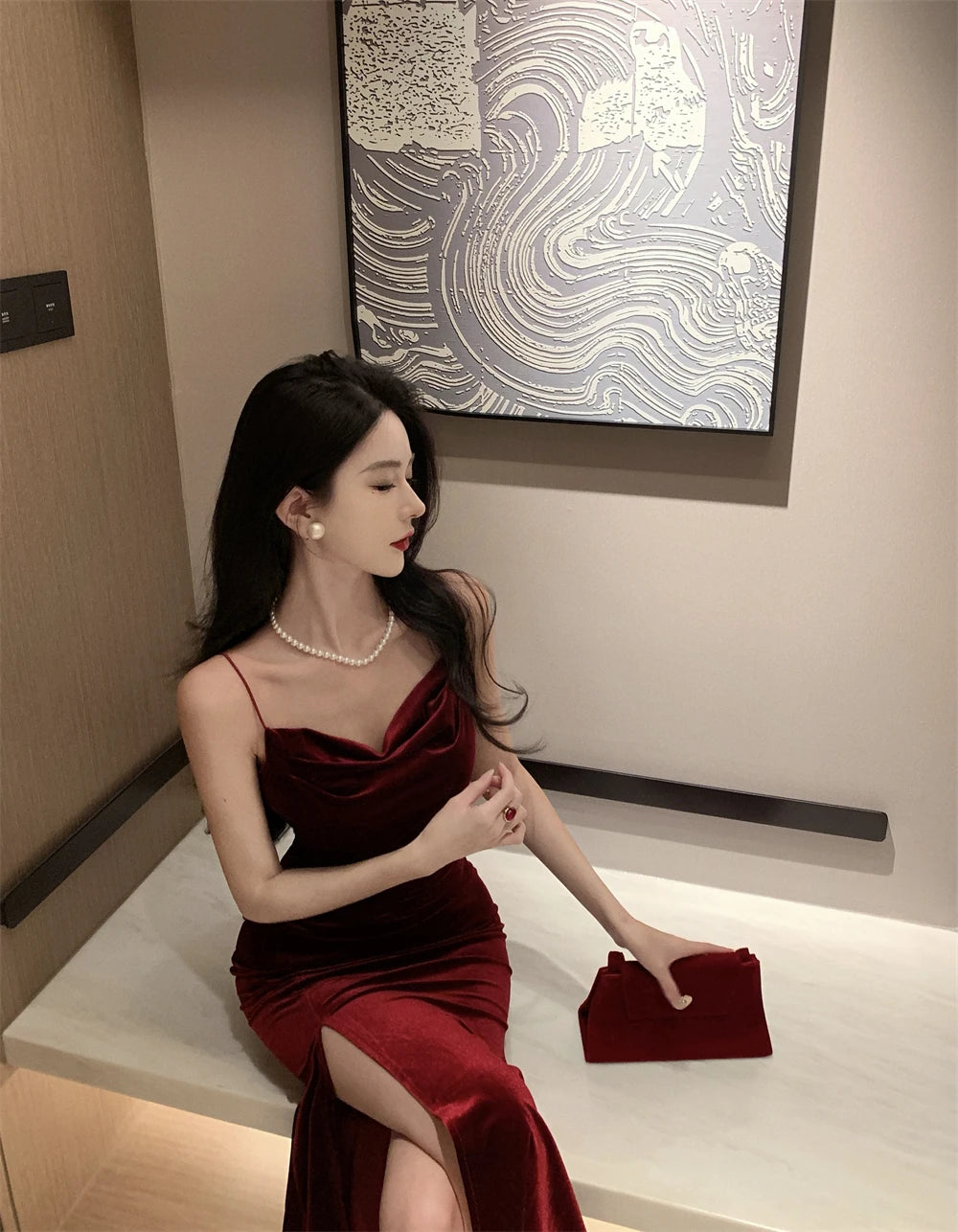 Vintage Red Velvet Spaghetti Strap Midi Dress