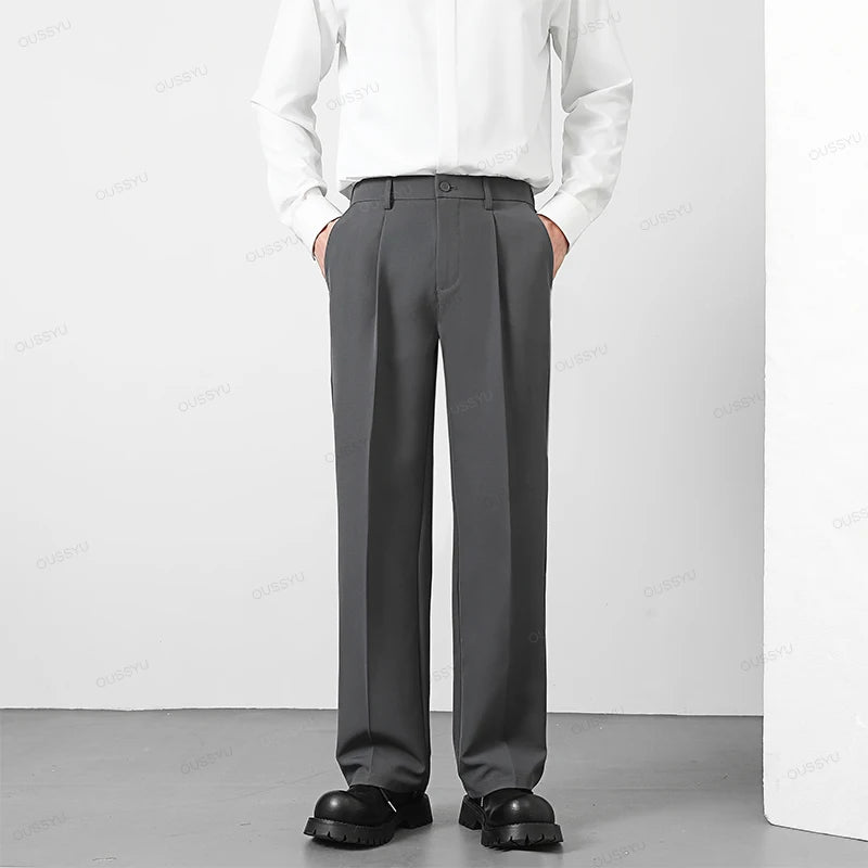 OUSSYU Brand Spring Casual Pants Men Business Elastic Waist Korean Style Black Brown Grey Khaki Trousers Male Plus Size S-4XL