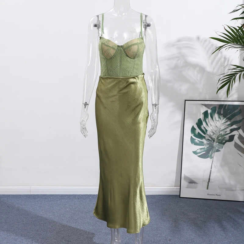 Sexy Women Party Playsuit Sets 2 Pieces Lace High Waist Lace Up Spaghetti Strap Top Satin Zipper Party Skirt 2025 Lady Outfits