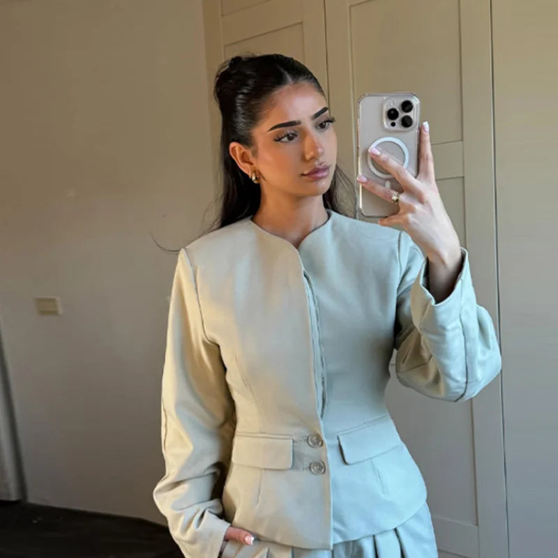 Elegant Solid Set Woman 3 Pieces O-neck Button Blazer Tube Tie Top Wide Leg Trousers 2025 Spring Summer Chic Lady Outfit