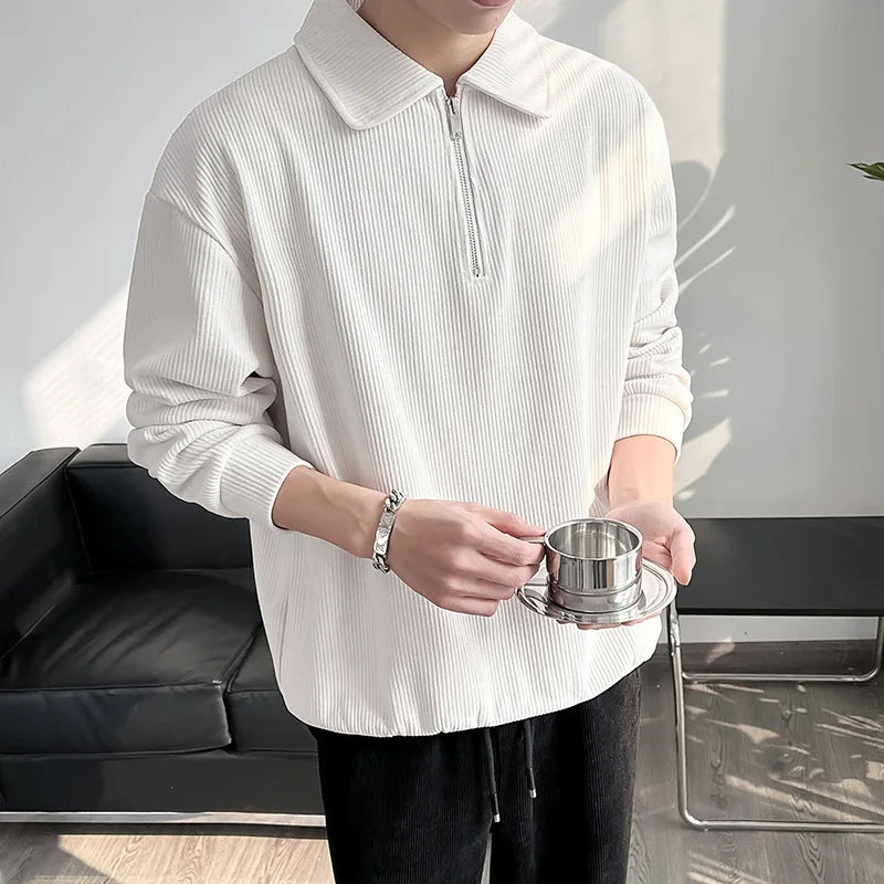 Half Zip Polo Shirt Sweatshirt Men's Autumn Trendy Brand Light Mature Style Youth Lapel Striped Thin Jacket