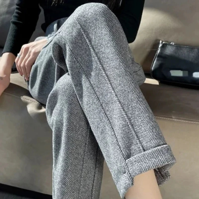 High-waisted Tweed Straight Pants 2025 Autumn/Winter New Women' S Pants Loose Casual Herringbone Warm Thickened Cropped Pants