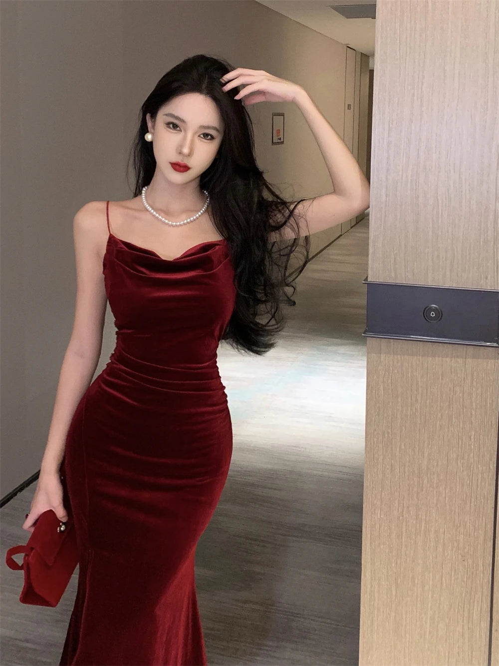 Vintage Red Velvet Spaghetti Strap Midi Dress