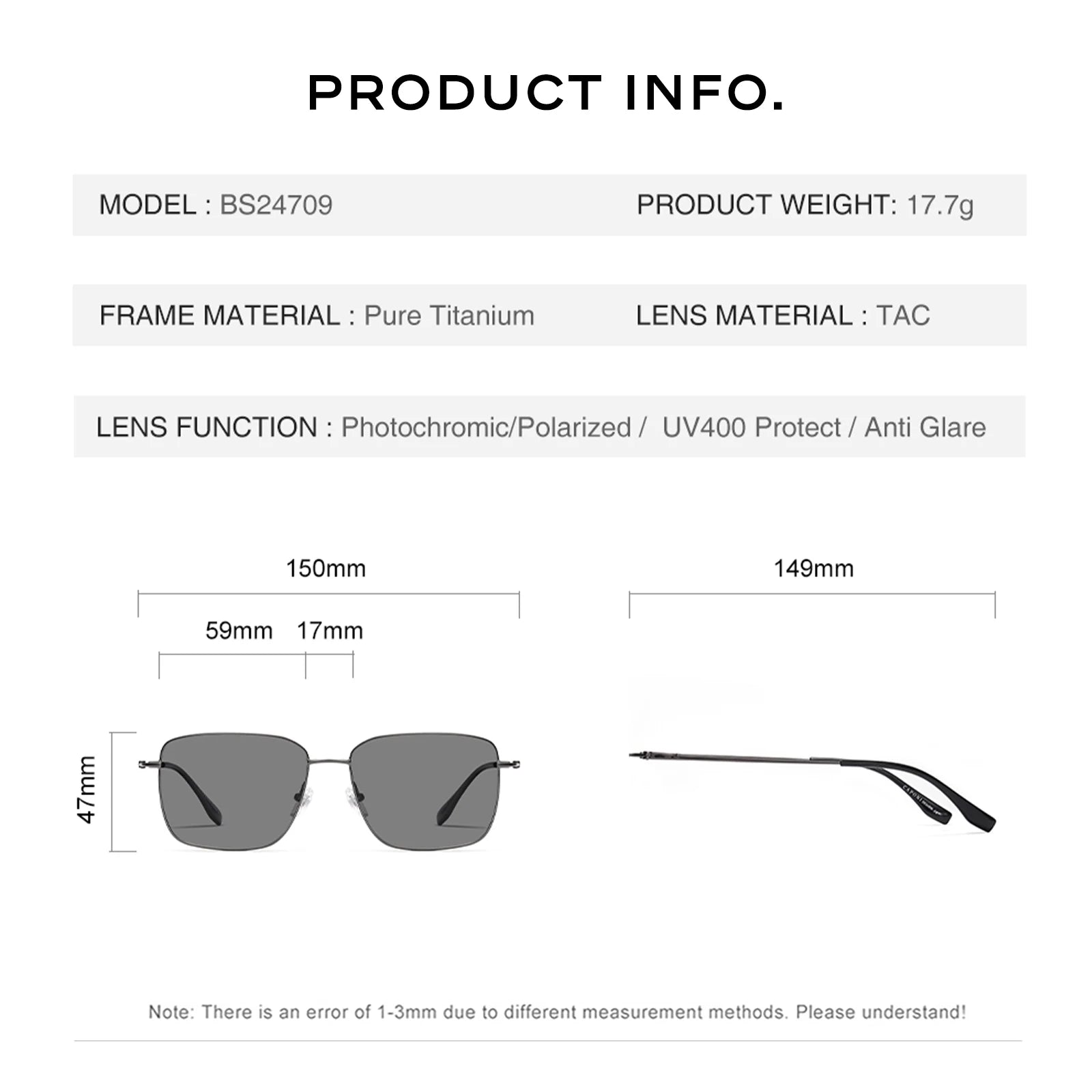 CAPONI Sunglasses Men Polarized Pure Titanium Light Weight Shade Photochromic Gray Anti Glare UV400 Protection Eyewear BS24709
