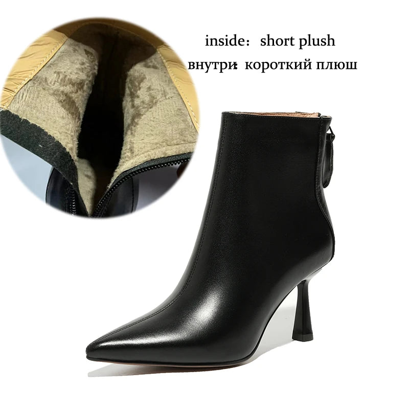 Krazing Pot Big Size 42 Cow Leather Pointed Toe High Heels Chic Design Concise Winter Spring Shoe Dress Warm Wedding Ankle Boots