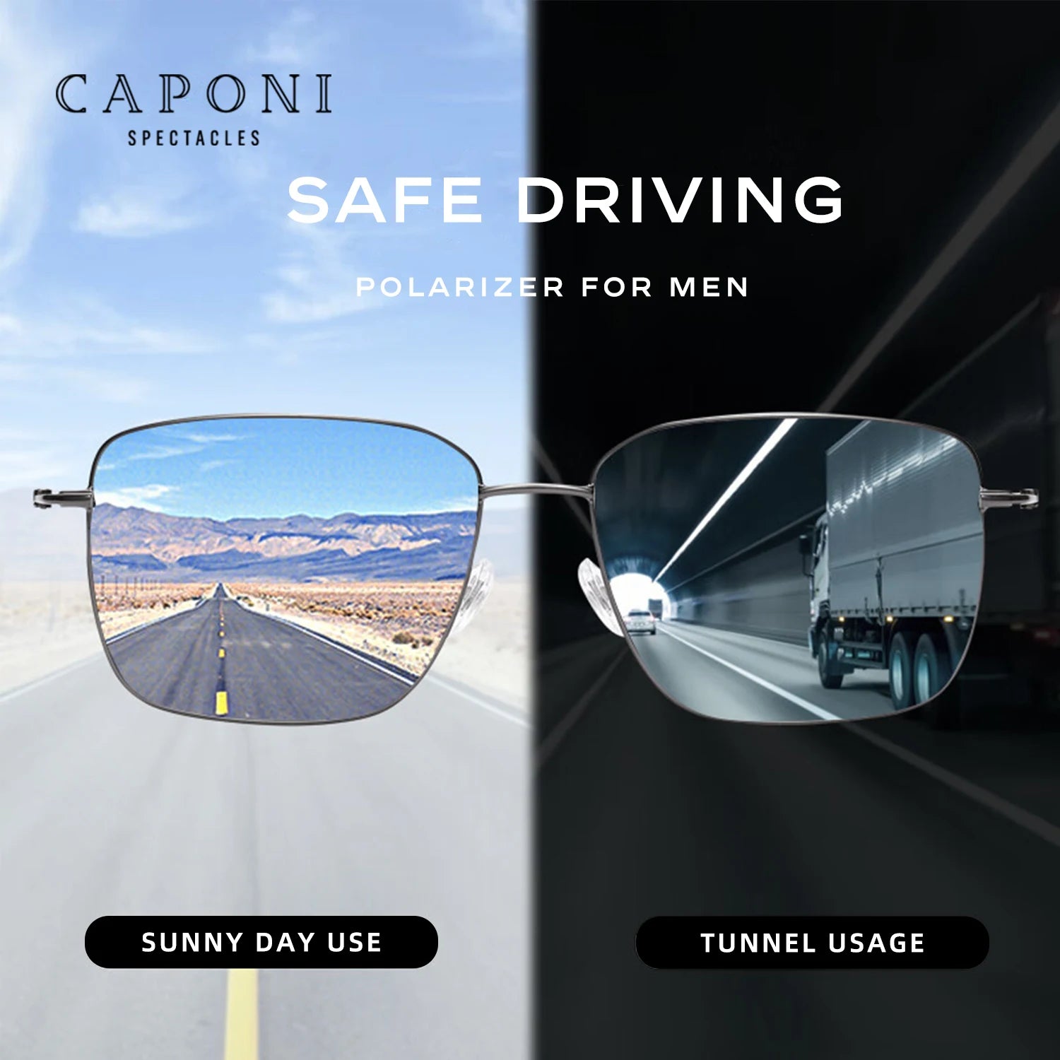 CAPONI Sunglasses Men Polarized Pure Titanium Light Weight Shade Photochromic Gray Anti Glare UV400 Protection Eyewear BS24709