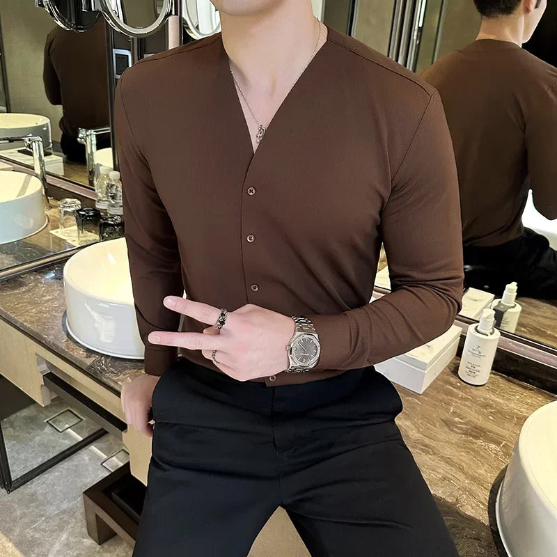 New Fashion V Neck Long Sleeve Shirts Men Luxury Traceless Gluing Slim Fit Casual Tuxedo Shirts High Quality Men Clothing 3XL-M