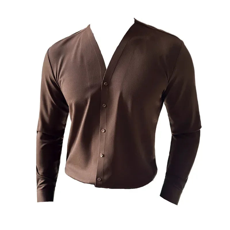 New Fashion V Neck Long Sleeve Shirts Men Luxury Traceless Gluing Slim Fit Casual Tuxedo Shirts High Quality Men Clothing 3XL-M