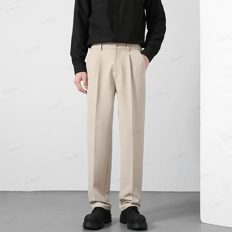 OUSSYU Brand Spring Casual Pants Men Business Elastic Waist Korean Style Black Brown Grey Khaki Trousers Male Plus Size S-4XL