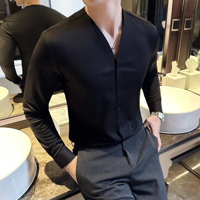 New Fashion V Neck Long Sleeve Shirts Men Luxury Traceless Gluing Slim Fit Casual Tuxedo Shirts High Quality Men Clothing 3XL-M