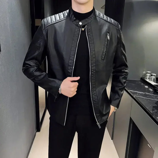 Men's Motorcycle Leather Jacket Male Spring Autumn Casual Stand Collar Solid Color White Black Leather Jacket Zip Up PU Coat