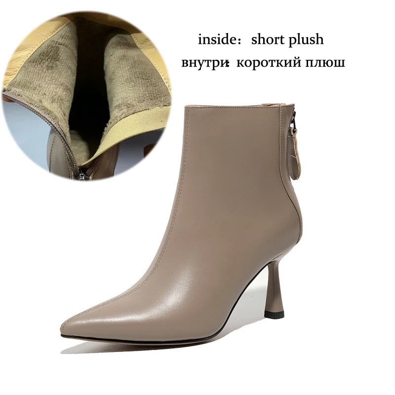 Krazing Pot Big Size 42 Cow Leather Pointed Toe High Heels Chic Design Concise Winter Spring Shoe Dress Warm Wedding Ankle Boots