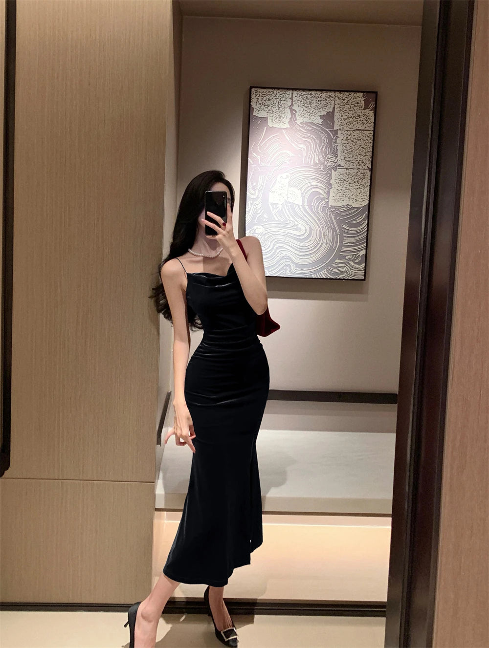 Vintage Red Velvet Spaghetti Strap Midi Dress