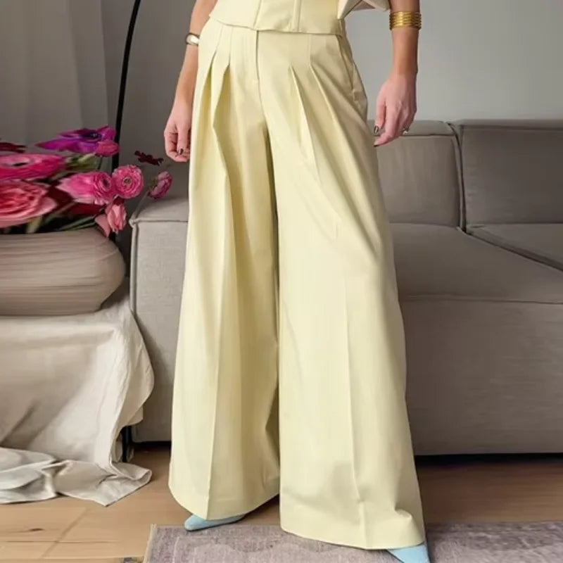Elegant Solid Set Woman 3 Pieces O-neck Button Blazer Tube Tie Top Wide Leg Trousers 2025 Spring Summer Chic Lady Outfit
