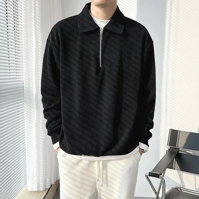 Half Zip Polo Shirt Sweatshirt Men's Autumn Trendy Brand Light Mature Style Youth Lapel Striped Thin Jacket