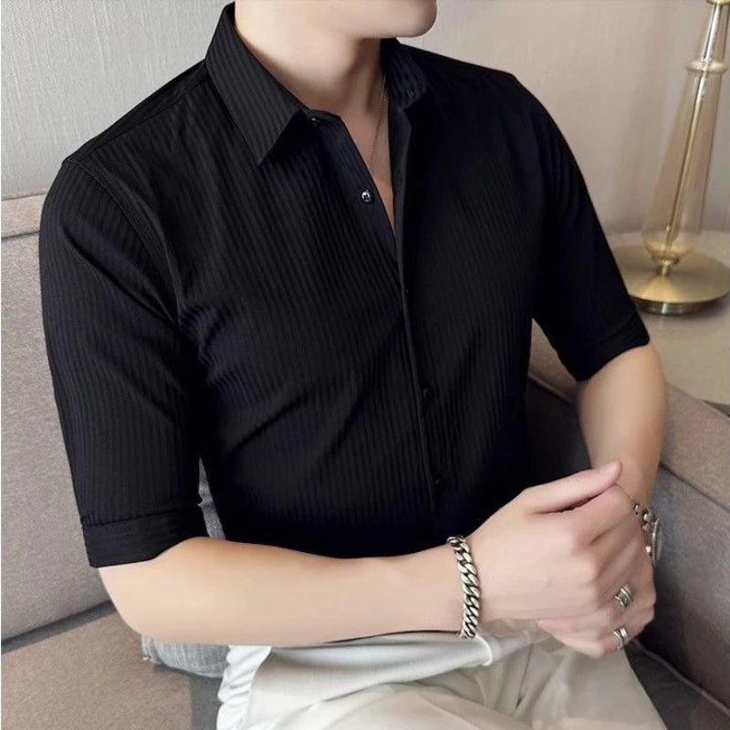 Men's Shirt Three-quarter Sleeve Korean Thin Business Hairstylist Casual Formal Wear Striped Short-sleeved Slim Half-sleeved