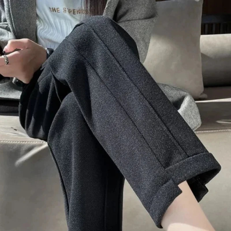 High-waisted Tweed Straight Pants 2025 Autumn/Winter New Women' S Pants Loose Casual Herringbone Warm Thickened Cropped Pants