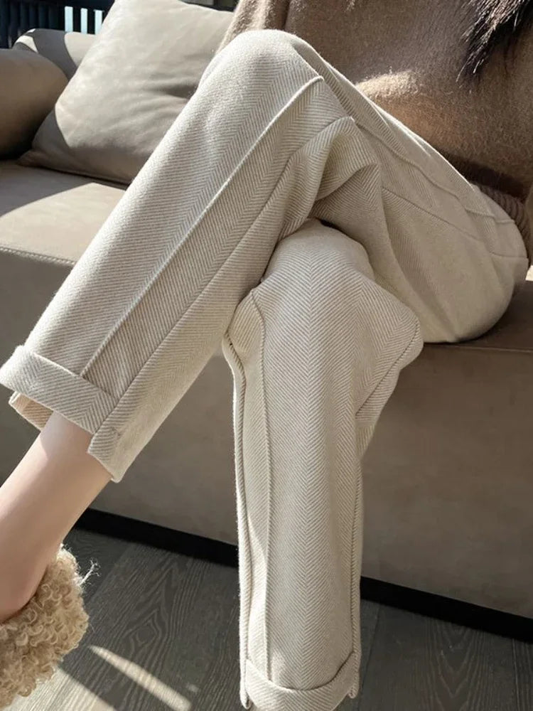 High-waisted Tweed Straight Pants 2025 Autumn/Winter New Women' S Pants Loose Casual Herringbone Warm Thickened Cropped Pants