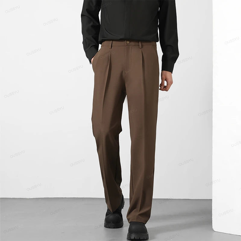 OUSSYU Brand Spring Casual Pants Men Business Elastic Waist Korean Style Black Brown Grey Khaki Trousers Male Plus Size S-4XL