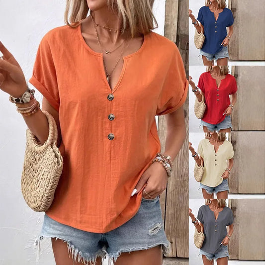 New 2025 Women Shirts V-Neck Buttons Short Sleeve Loose Blouses Solid Color Casual Summer Tee Shirt Daily Wear Tops Ladies