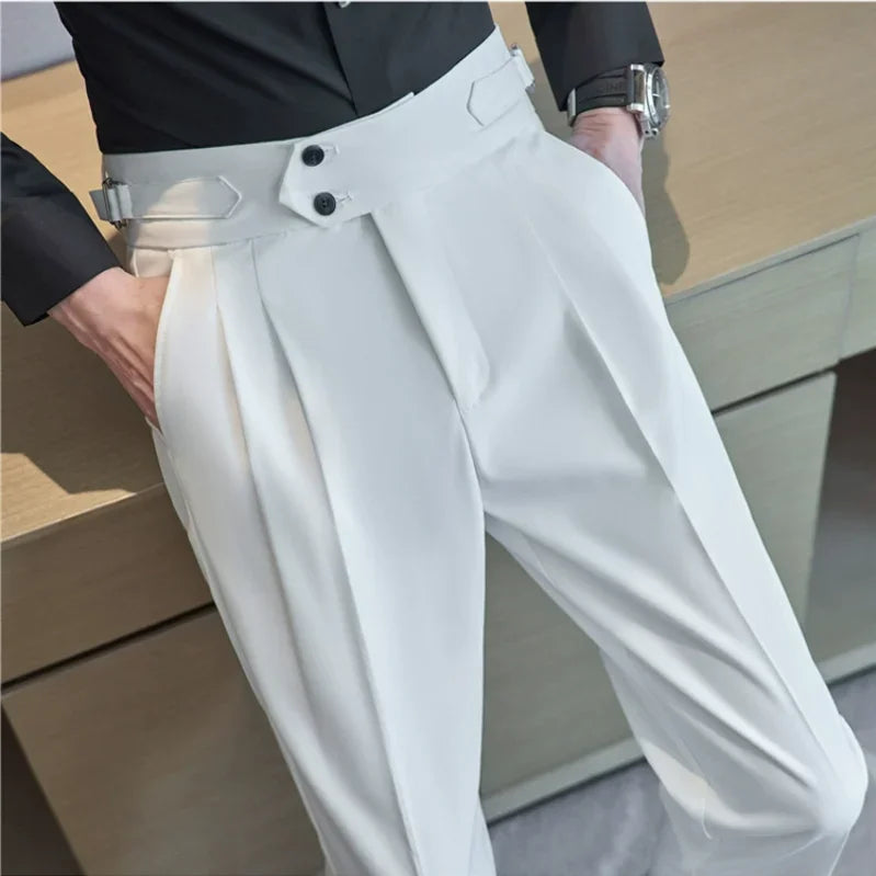 Men Pants Classic Men's Office Trousers Slim Fit High Waist Vintage Pockets for Formal Business Style Elegant Formal Pants