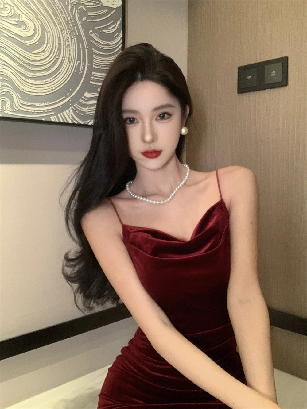 Vintage Red Velvet Spaghetti Strap Midi Dress