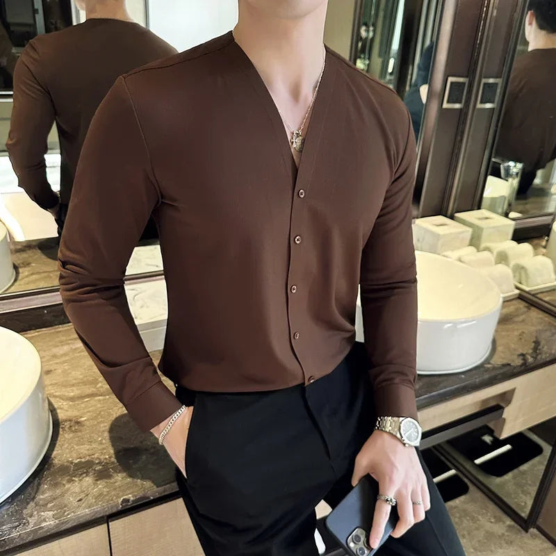 New Fashion V Neck Long Sleeve Shirts Men Luxury Traceless Gluing Slim Fit Casual Tuxedo Shirts High Quality Men Clothing 3XL-M