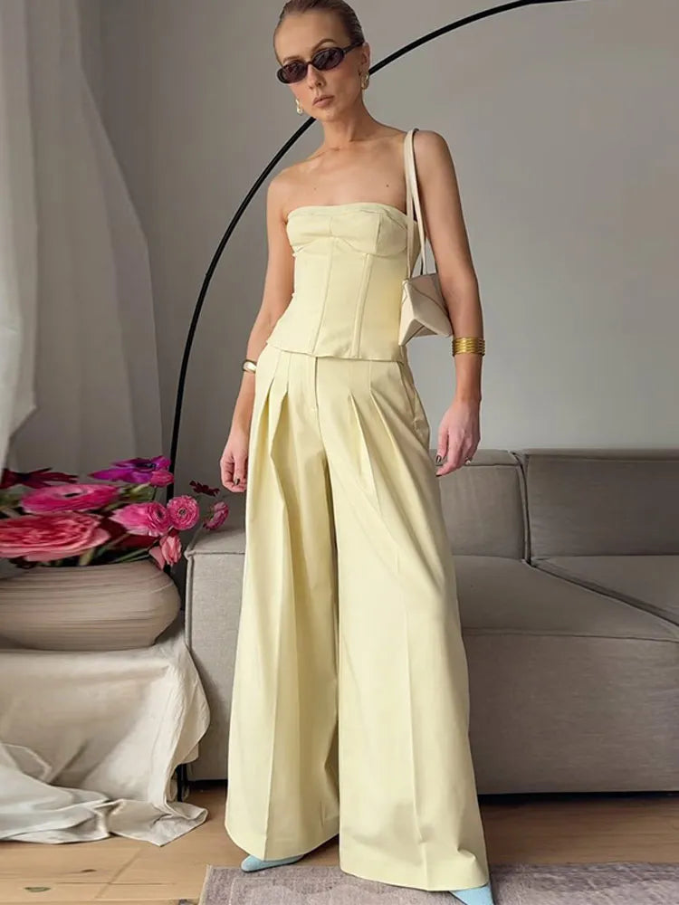 Elegant Solid Set Woman 3 Pieces O-neck Button Blazer Tube Tie Top Wide Leg Trousers 2025 Spring Summer Chic Lady Outfit