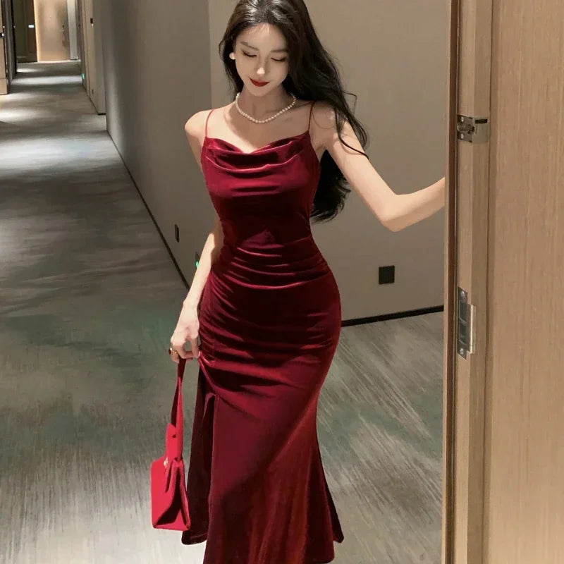 Vintage Red Velvet Spaghetti Strap Midi Dress