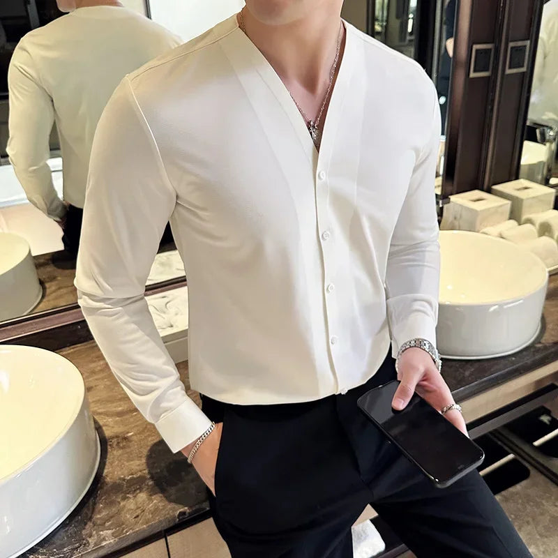 New Fashion V Neck Long Sleeve Shirts Men Luxury Traceless Gluing Slim Fit Casual Tuxedo Shirts High Quality Men Clothing 3XL-M